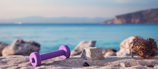 Copy space image of purple dumbbells blue fitness yoga mat and sport equipment on a serene beach of stone and pebbles symbolizing a healthy lifestyle and travel
