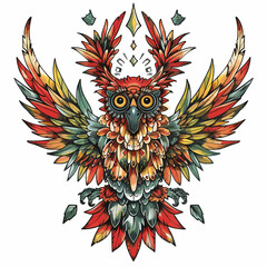 Obraz premium A colorful owl with a feathery tail and a crown of feathers on its head. The owl is surrounded by a rainbow of colors and has a look of surprise on its face