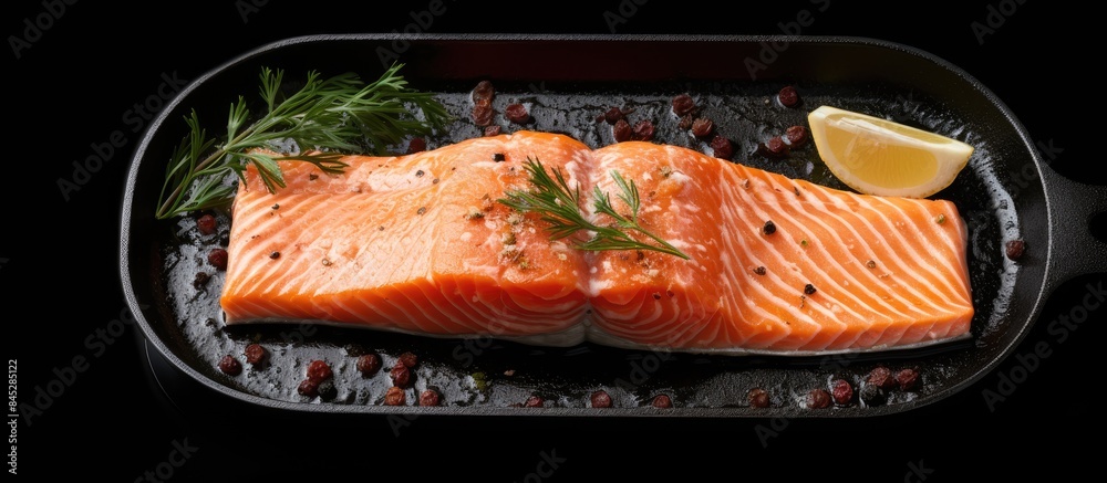 Aufkleber a fresh salmon fillet steak being cooked in a pan captured from above on a white background with ple