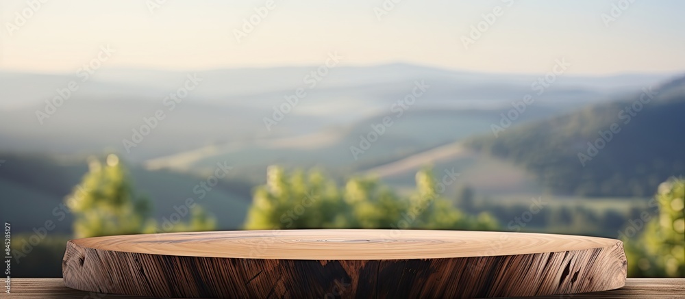 Fototapete Wooden table with an empty perspective showcasing a mock up display set against a blurred landscape background A perfect copy space image for product representation concept