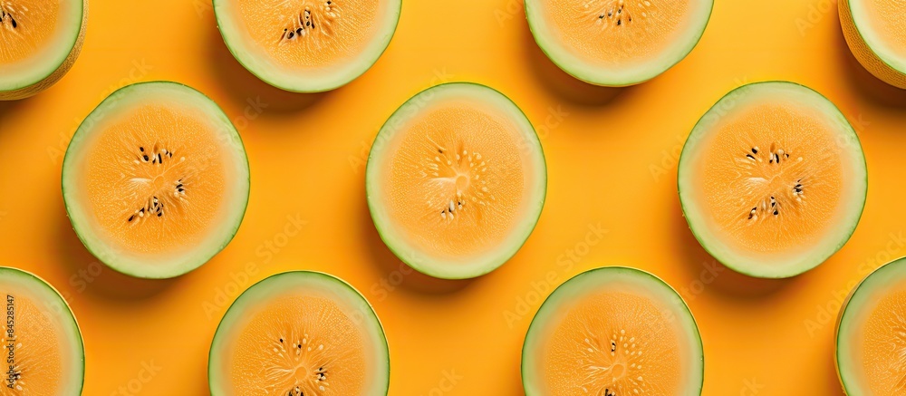 Aufkleber Fresh melon creatively arranged on an orange background forming a visually appealing flat lay with a captivating top view The composition offers ample copy space and can be utilized as a banner