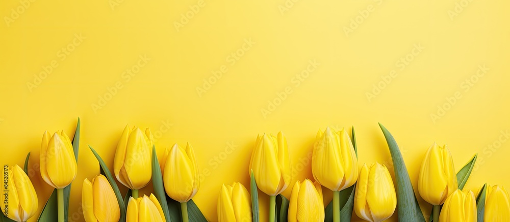 Poster A vibrant spring concept featuring fresh beautiful yellow tulips against a colorful yellow backdrop This horizontal top view image includes copy space and is enhanced with toning