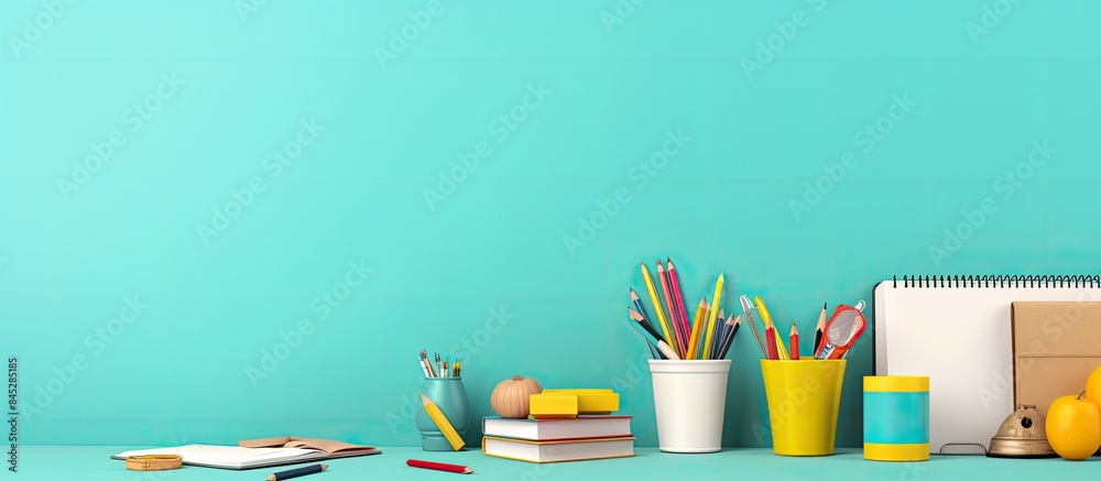 Fototapete Colorful office supplies and stationery items are displayed on a turquoise background creating a back to school vibe The light colored backdrop features empty sticky notes providing ample copy space