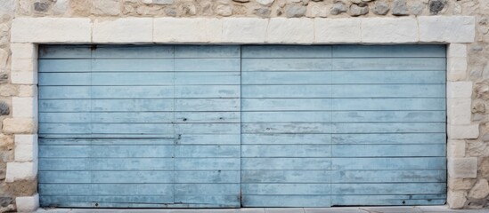 Stone pattern and textures make up the background of this horizontal photo featuring a grey blue shutter door The image includes various textures and backgrounds. Creative banner. Copyspace image