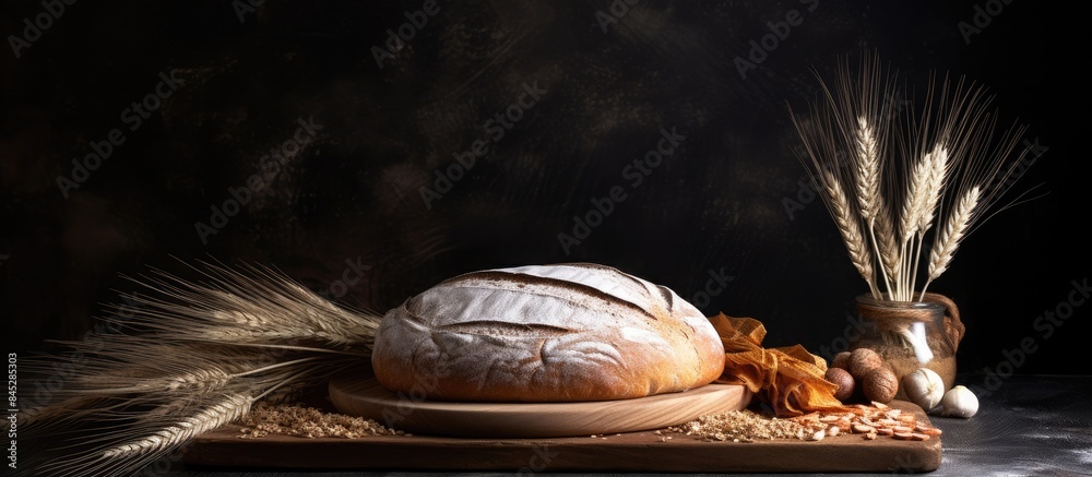 Poster high quality photo of a round whole bread placed on a wooden cutting board with flour sprinkled on i