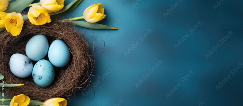 Aufkleber Top view of a nest with blue and white eggs surrounded by yellow tulips creating a beautiful Easter background There is ample copy space in the image