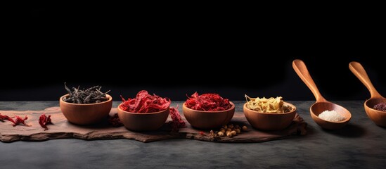 A collection of assorted aromatic red fruit teas presented in wooden bowls with a wooden scoop filled with dried tea leaves showcased on a black concrete surface providing ample space for additional