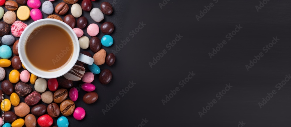 Fototapete A top down view of a coffee cup filled with chocolates and colorful candies placed on a table background that provides ample copy space for adding text or images