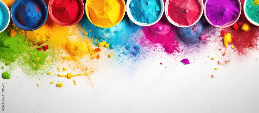 Poster Flat lay copy space image of bowls filled with vibrant colorful powders on a light background creating a festive atmosphere for the celebration of the Holi festival