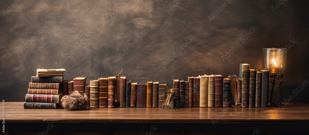 Aufkleber A wooden table adorned with a collection of hardback books invitingly open creating a nostalgic ambiance reminiscent of back to school Ample room remains for additional content in the copy space imag