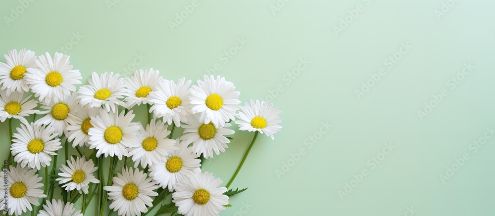 Poster On a pastel backdrop there is a group of tiny daisies with green stems This image is perfect for the holidays and there is copy space available