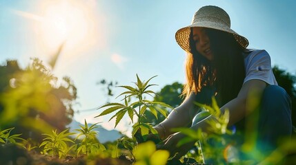 Woman in straw hat tending cannabis plants in sunlit field - Powered by Adobe
