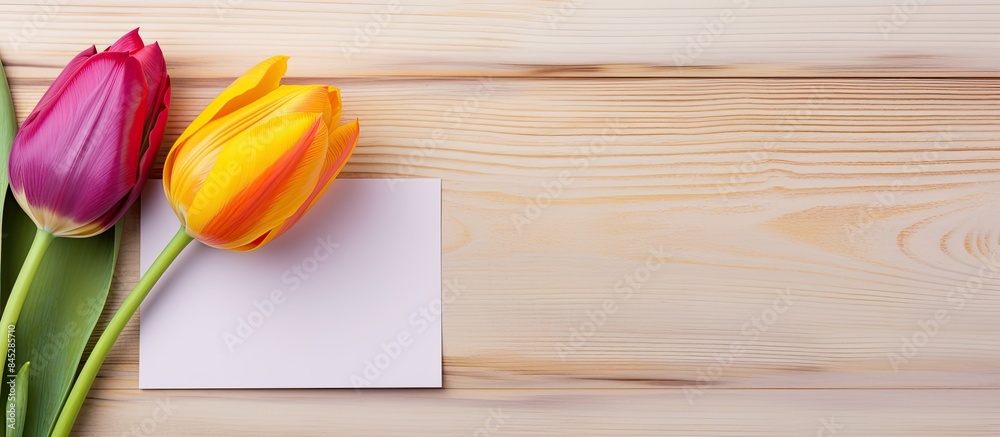 Fototapete a colorful tulip in yellow and red hues stands beside a purple greeting card set against a backdrop 