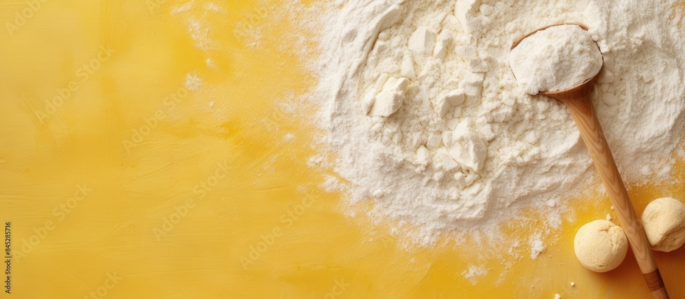 Poster A top down view of a baking scene on a yellow paper background featuring a rolling pin and flour This image could be used for various purposes such as promoting a bake menu or showcasing homemade pas