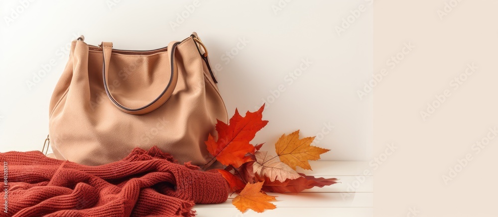 Poster a seasonal autumn concept featuring a top view of a suede bag cosy scarf and sweater and autumn leav
