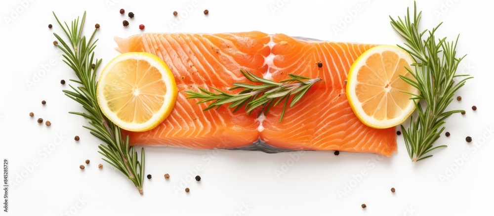 Poster a top down view of a raw piece of salmon accompanied by lemon slices and rosemary sprigs isolated on