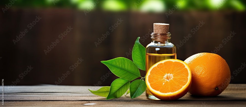 Poster copy space image of a bottle of essential oil accompanied by fresh oranges and mint placed on a rust