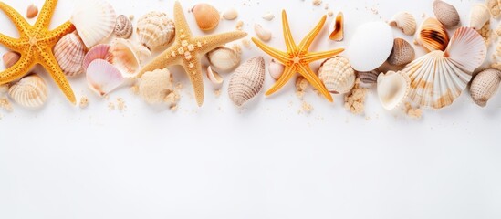 A summer themed flat lay with a composition of sea shells and starfish on a white background creating a refreshing and serene copy space image