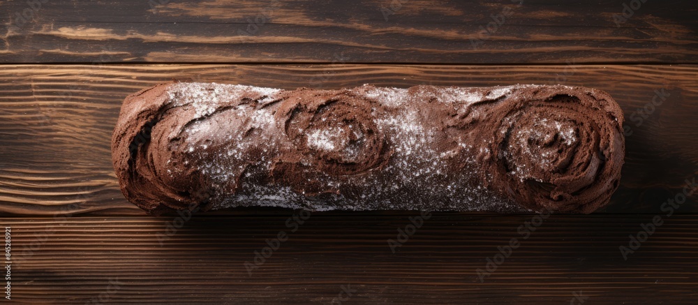 Aufkleber Flat lay of a delicious chocolate cake roll with a creamy filling placed on a wooden table Ample empty space is available for adding text to the image