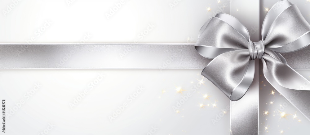 Aufkleber A silver shiny satin ribbon bow with ribbon is positioned by the corner of a frame creating an isolated copy space image on a white background suitable for a holiday theme