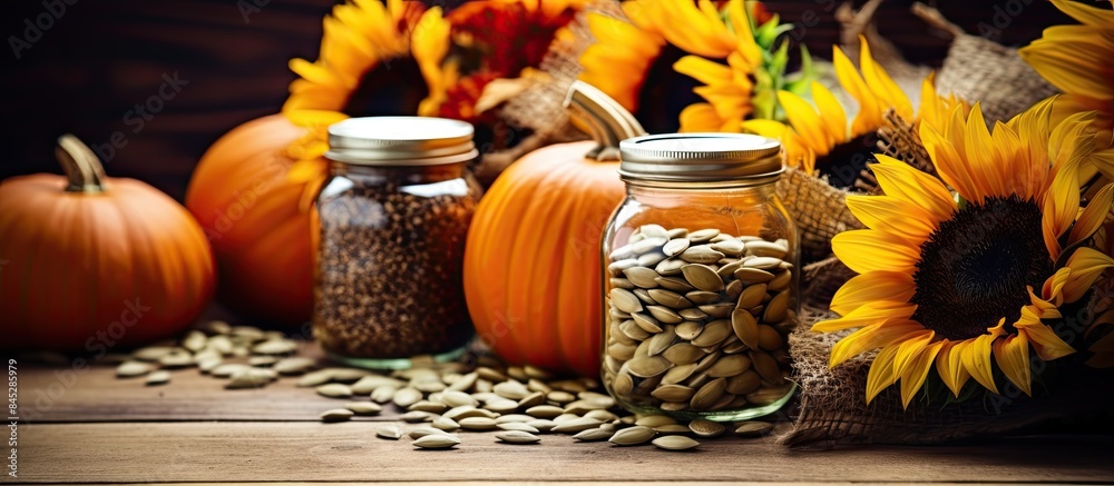 Poster among the plants on the table there are jars filled with pumpkins sunflower seeds and cedar creating