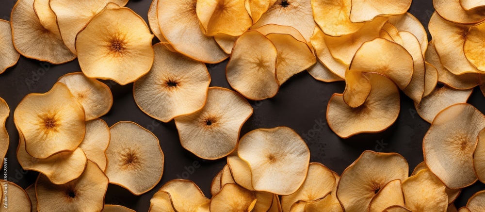 Aufkleber a top view of organic dried apple chips arranged on a gray textile background creating an image that