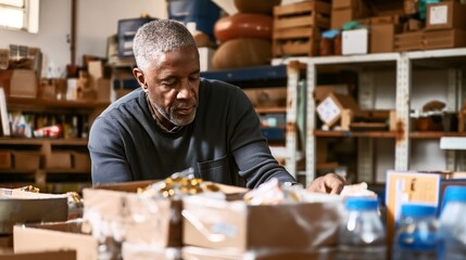 Fototapeta premium A man working in a cluttered storage room, sorting through items in cardboard boxes with shelves of various items behind him.