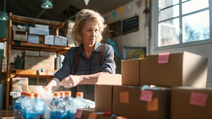 A woman organizes supplies and cardboard boxes in a well-lit storage room with shelves and bottled water visible on the table.