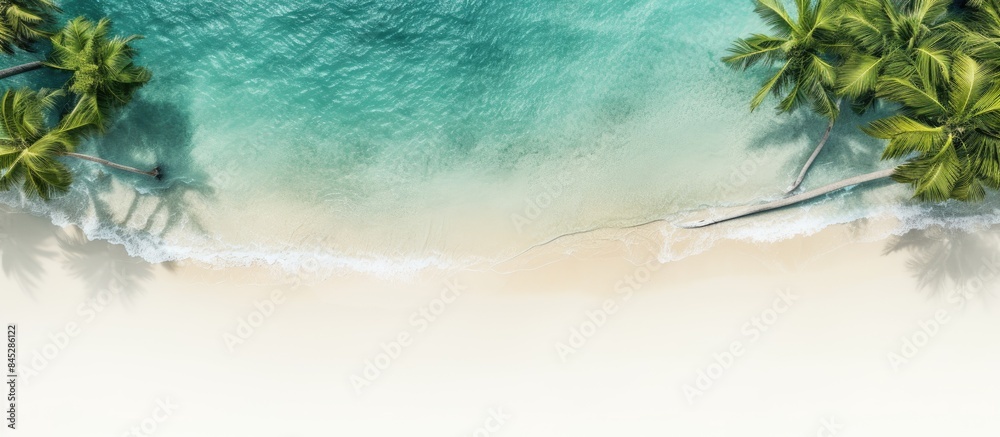 Fototapete A summery scene with beaches palm trees and a sea concept Captured from a top down perspective on a white background creating a visually pleasing copy space image