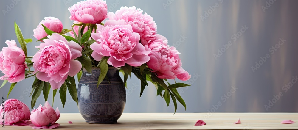 Aufkleber Bright pink peonies are arranged in a vase against a light background The vibrant flowers are in full bloom creating a captivating image The concept of the card is complemented by the copy space prov