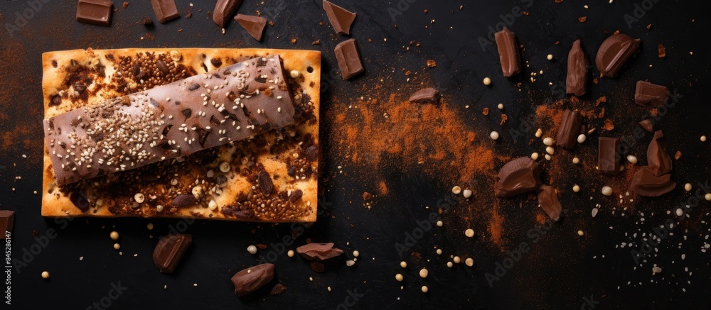 Poster a typical spanish snack featuring slices of homemade seed bread accompanied by a chocolate bar captu