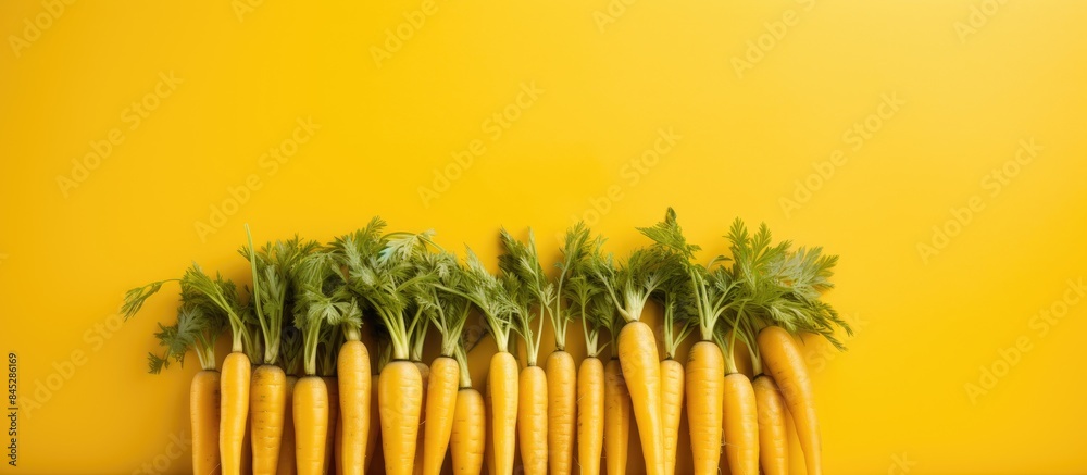 Aufkleber a close up image of a bunch of carrots arranged neatly in a white wooden box set against a vibrant y