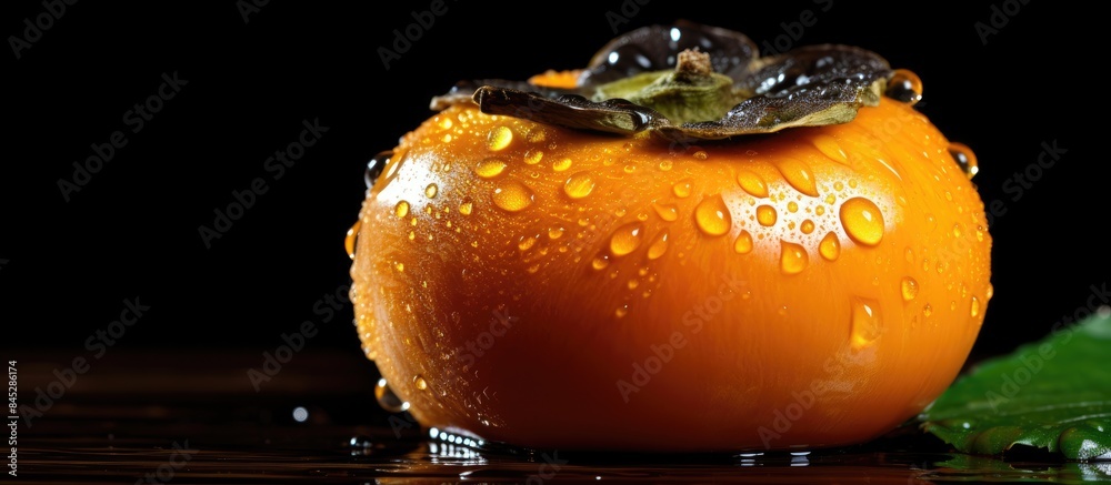 Poster A close up side view of a persimmon resting on a wooden background adorned with water droplets There is plenty of copy space available for text or additional elements