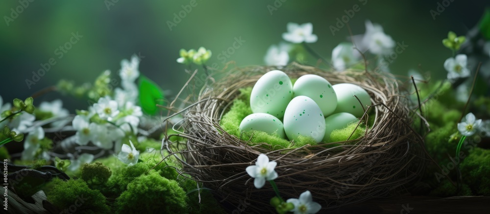 Aufkleber easter concept background with a bird nest filled with green eggs and one white egg the image is per