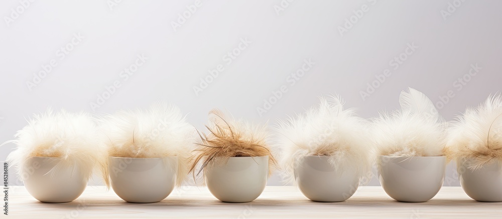 Aufkleber A rustic copy space image of farm fresh free range white chicken eggs displayed in egg cups with authentic feathers on a light background promotes the idea of natural healthy nutrition from rural dai