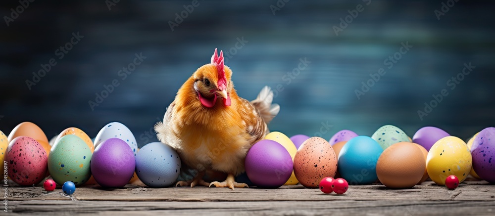 Poster an easter themed greeting card featuring a copy space image with vibrant easter eggs and a chicken p