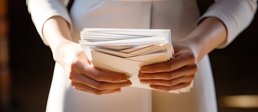 A close up wedding photograph showcases the bride delicately holding a stack of white envelopes containing invitations and gift sheets of paper. Creative banner. Copyspace image