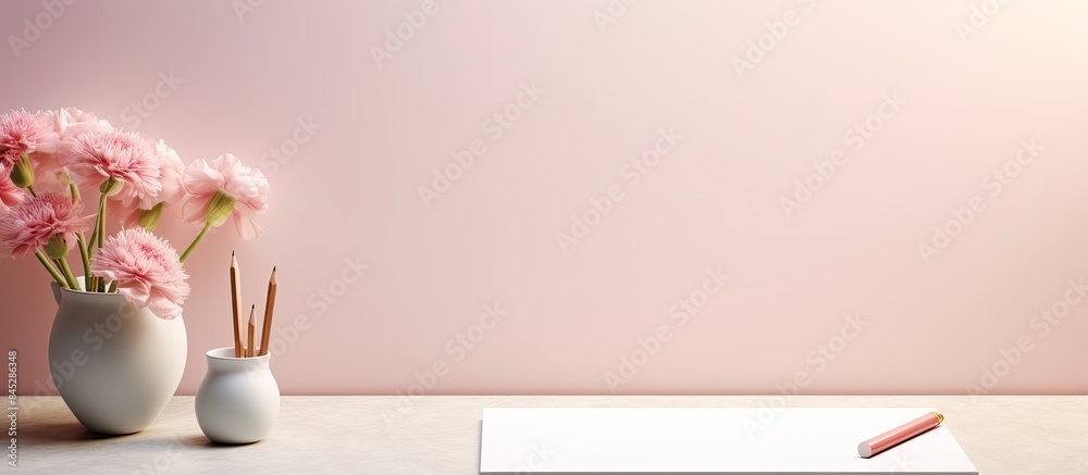 Poster Copy space image of a terrazzo desk adorned with a mockup office pad a delicate bouquet of pink carnations in a vase and a matching pink pencil