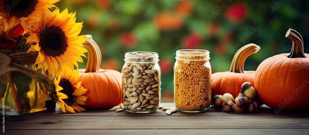 Poster Among the plants on the table there are jars filled with pumpkins sunflower seeds and cedar creating a visually appealing copy space image