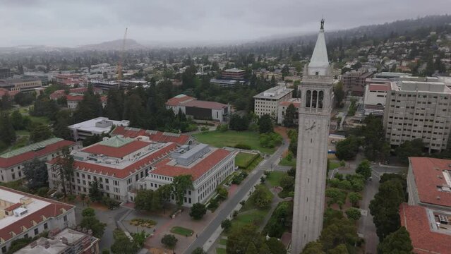 flying in a curve past Campanile tower on UC Berkeley campus