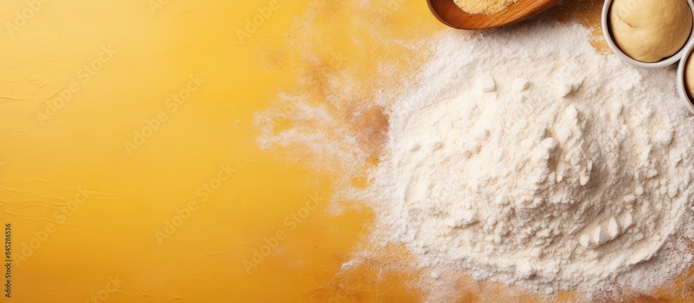 Poster A top down view of a baking scene on a yellow paper background featuring a rolling pin and flour This image could be used for various purposes such as promoting a bake menu or showcasing homemade pas
