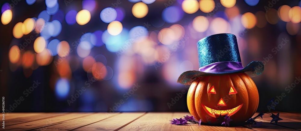 Poster a halloween themed image featuring a pumpkin with a hat stands out against a backdrop of vibrant and