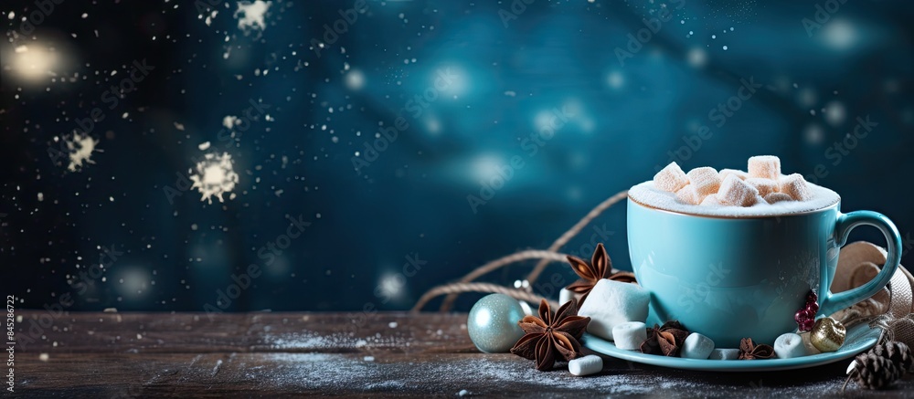 Aufkleber a delicious cup of hot cocoa with marshmallows in a blue cup surrounded by spices and more marshmall