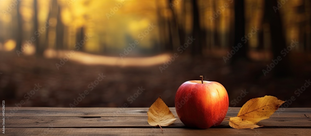 Leinwandbilder concept design and decorative image of an apple close up on a wooden table surrounded by dry leaves 