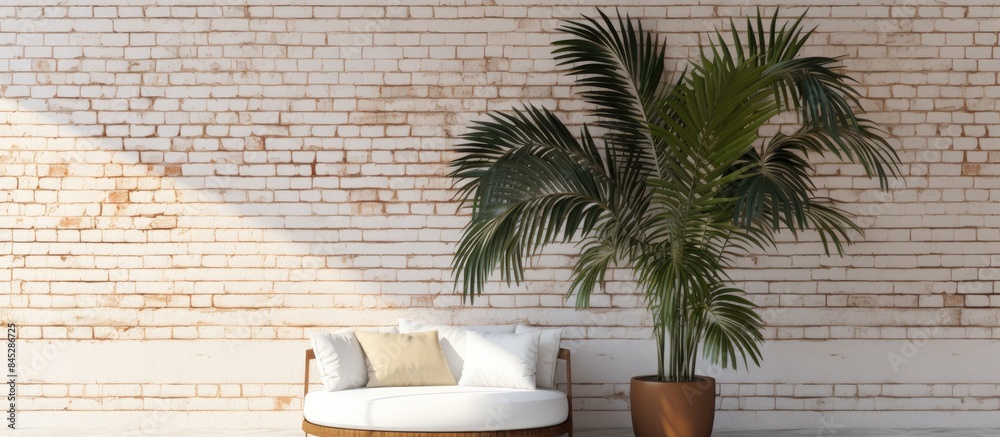 Aufkleber A palm tree is positioned alongside a folding screen and pouf creating a stylish arrangement next to a white brick wall The composition offers plenty of copy space for images