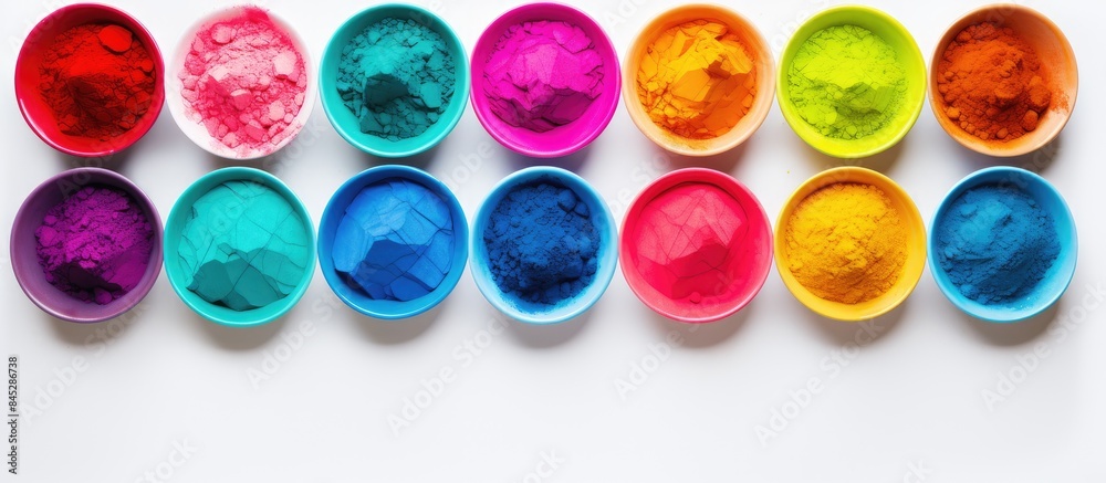 Poster Flat lay copy space image of bowls filled with vibrant colorful powders on a light background creating a festive atmosphere for the celebration of the Holi festival