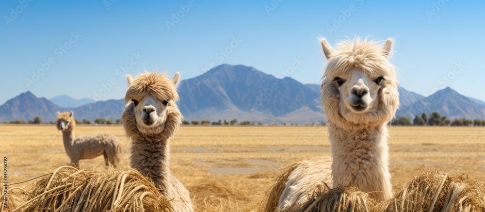 Poster a copy space image of alpacas surrounded by wheat straw with a picturesque agricultural landscape in