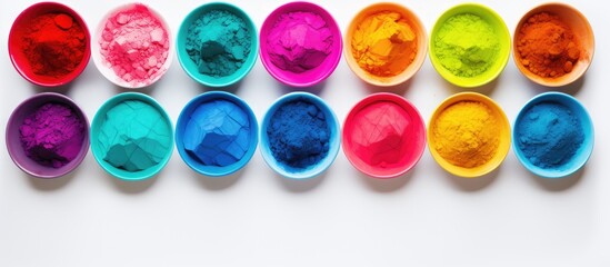 Flat lay copy space image of bowls filled with vibrant colorful powders on a light background creating a festive atmosphere for the celebration of the Holi festival