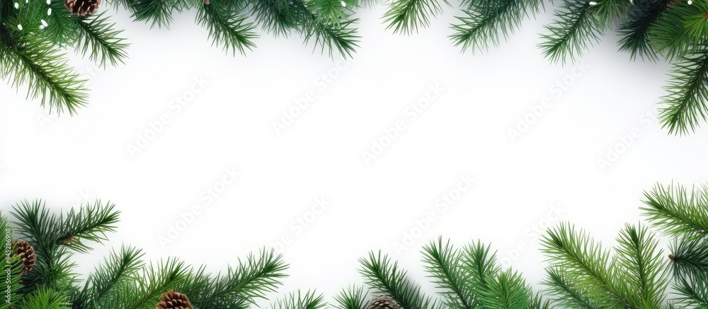 Poster A festive background with fir tree branches on a white surface perfect for Christmas or New Year decorations Provides copy space with a top view