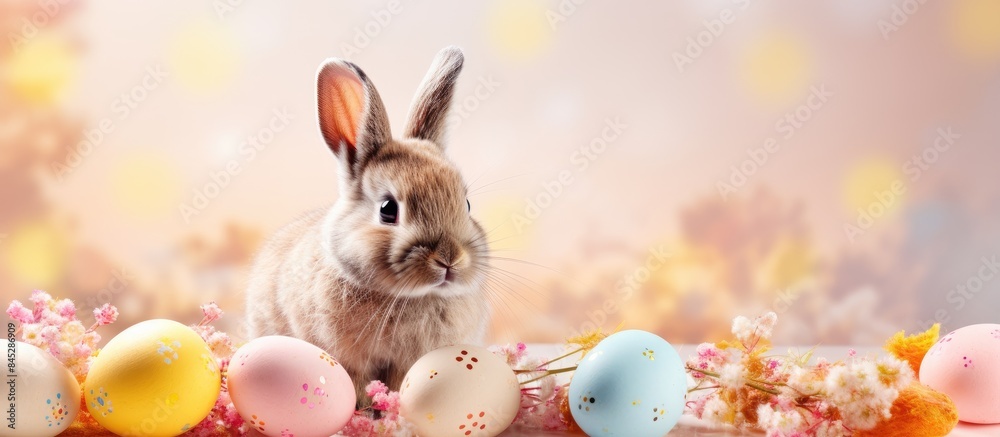 Poster close up of a sugar candy easter bunny with floral decorations and quail eggs on a soft pastel backg